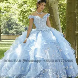 Light Sky Blue Princess Quinceanera Dress 2021 Off Shoulder Appliques Sequins Flowers Party Sweet 16 Gown Vestidos De 15 Años