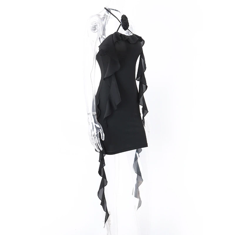 Summer Dress Women y2k Clothes Solid Color Sleeveless Backless Ruffled Tassel Mini Dress with 3D Flower Party Dresses