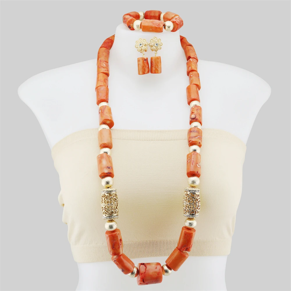 

2022High Quality Nigerian Wedding African Beads Bridal Costume Jewelry Sets Necklace Women Handmade Dubai Real Coral Earring
