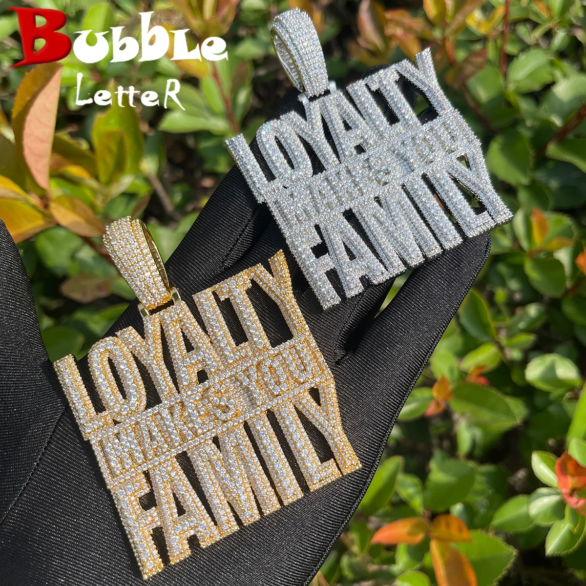 

Bubble Letter Iced Out Necklace for Men Prong Setting Loyalty Makes You Family Pendant Hip Hop Jewelry