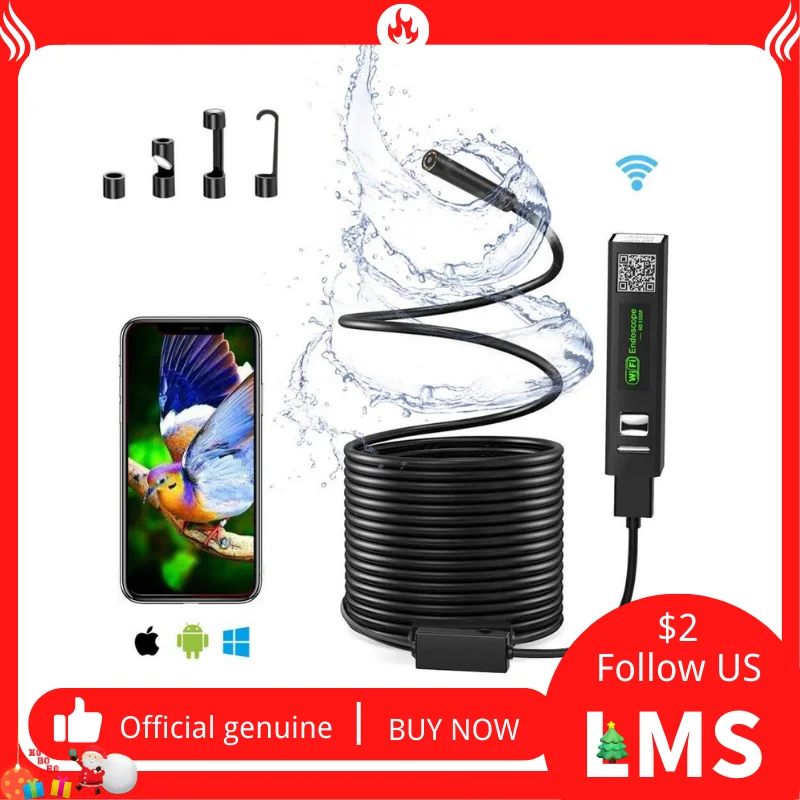 WIFI Endoscope Camera HD 1200P 10M Mini Wireless 8mm Borescope 8 LED