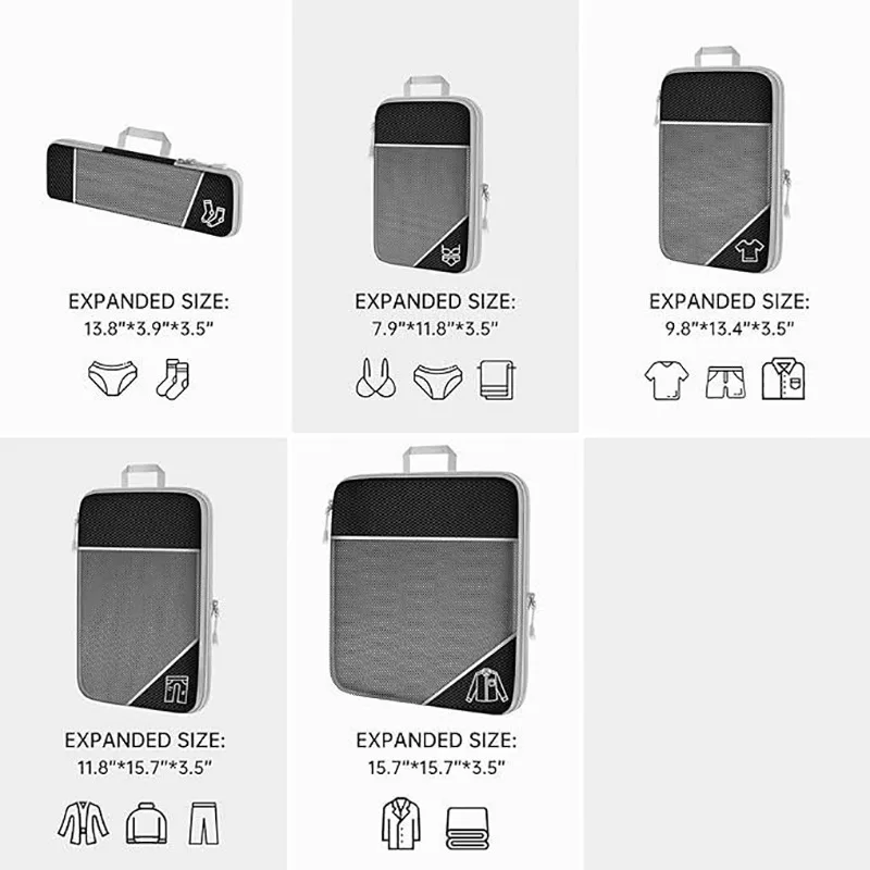 5PCS Travel Compressed Packing Cubes Storage Organizer Set With Shoe Bag Mesh Visual Luggage Portable Lightweight Suitcase Bag 2