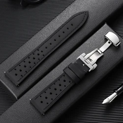 Vintage Brown Quick Release Racing Watch Strap with Breathable Porous Design and Butterfly Buckle - 22mm (Black)