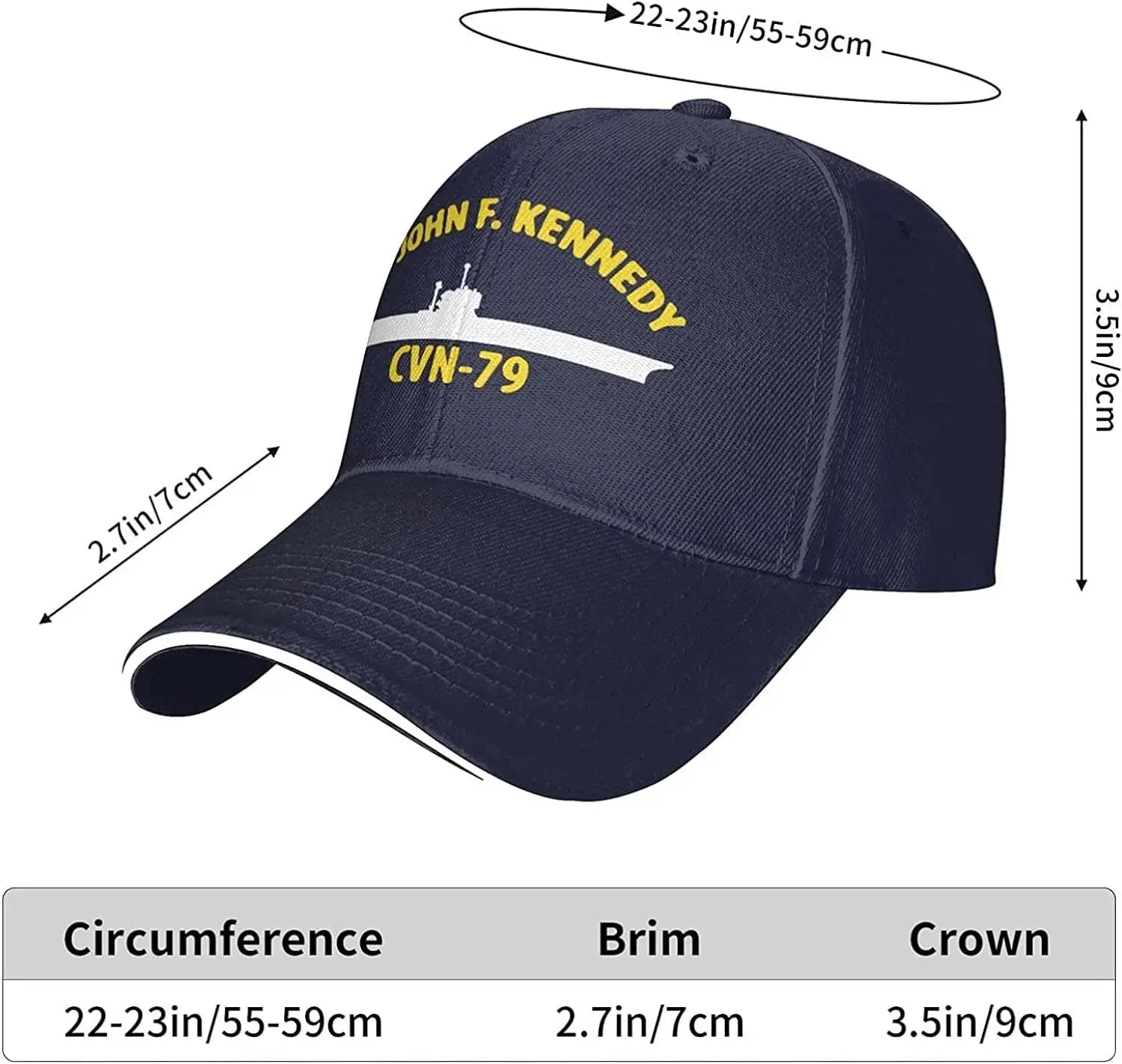 Cappellino Baseball John F Kennedy CV 67 – Modello Nave Militare, Unisex, Regolabile, Traspirante, Con Fascia Antisudore
