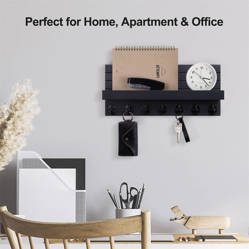 Wood Key Holder Wall Mount Entryway Key and Mail Holder with 7 Sturdy Hooks for Sunglasses Dog Leash Decorative Wall Shelf 2