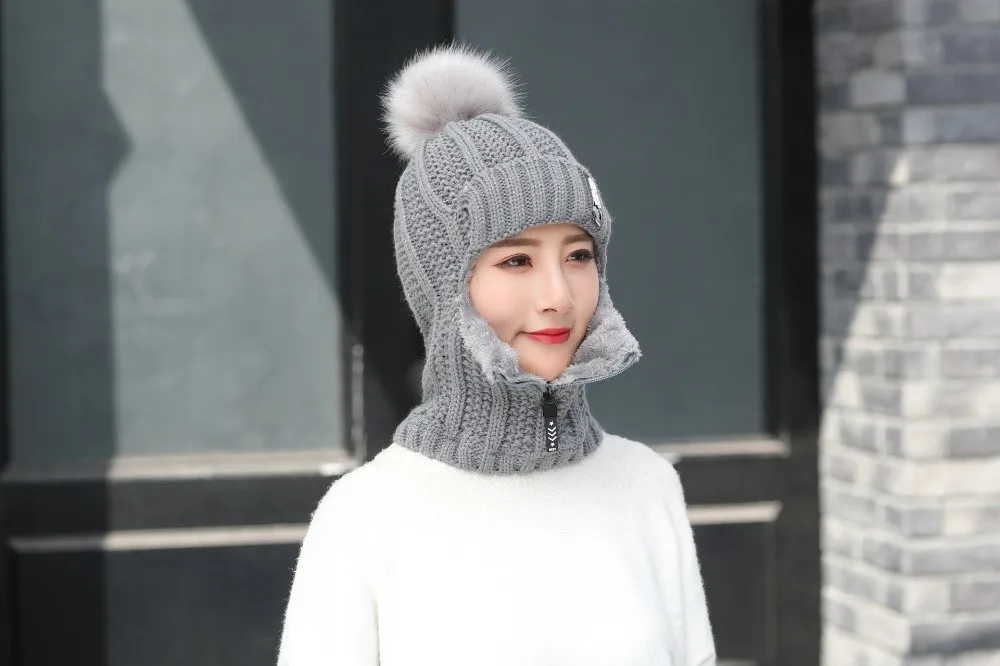 Lässige, winddichte Strickmütze aus Wolle, Nackenwärmer, verdickter Gehörschutz, warm halten, Bommelmütze für Damen – Detail 8