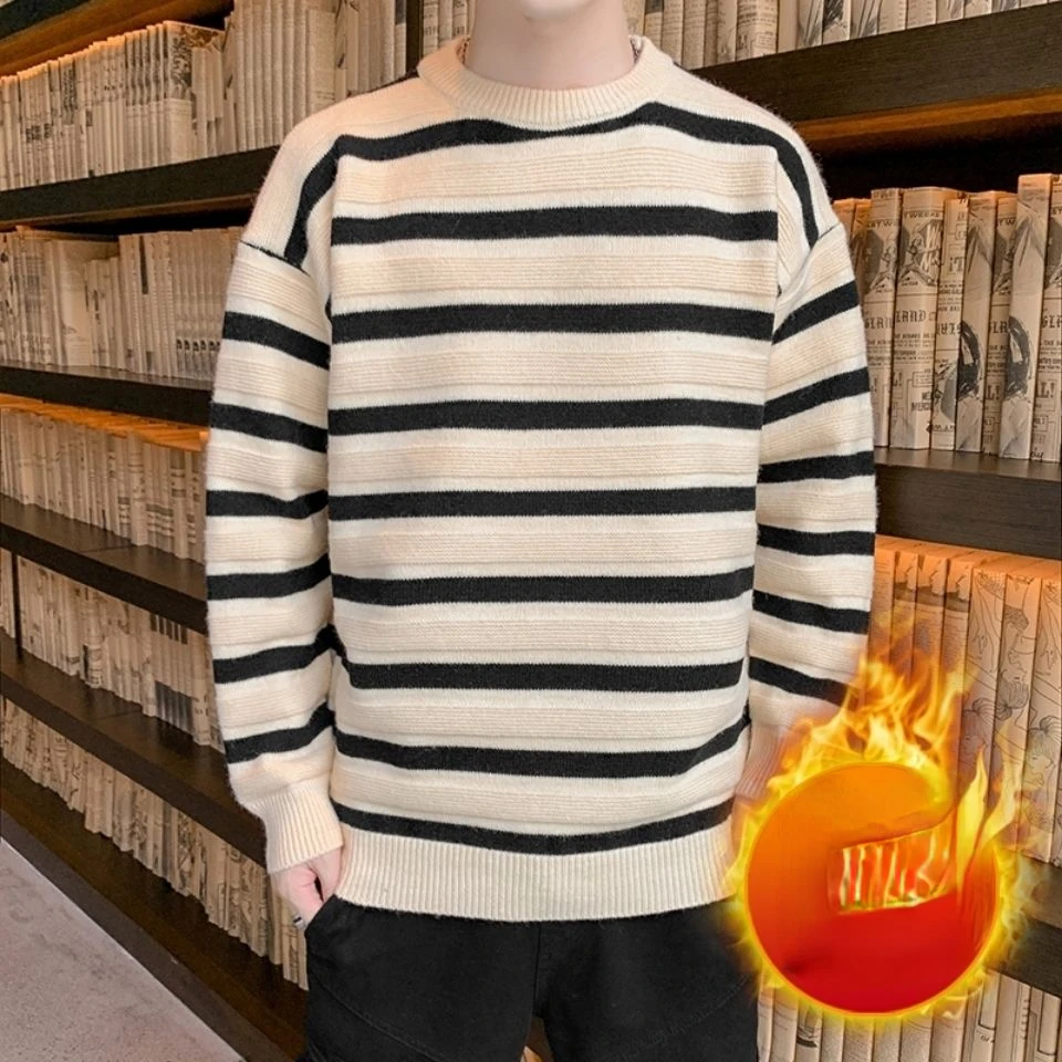 

2023 Men Autumn Winter New Round Neck Sweater Tops Male Thicken Warm Velvet Striped Pullovers Men Leisure Loose Knit Tops L179