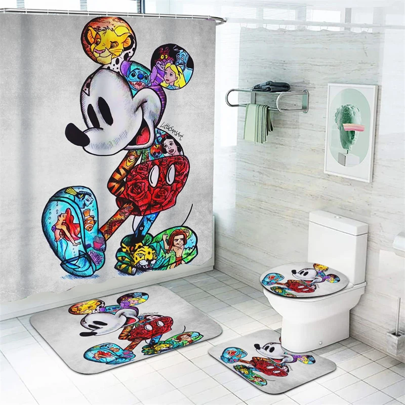 Mickey Shower Curtain 4 Piece Set Anime Cartoon Pattern Art Decoration Bathroom Accessories Set Full Mat Luxury