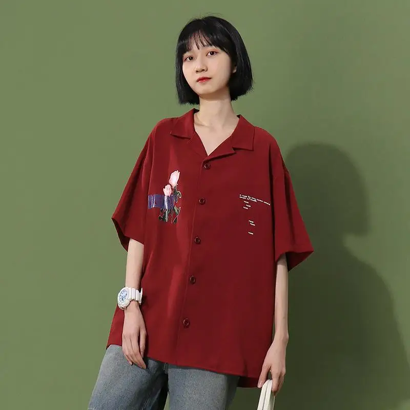 

Deeptown Vintage Blouse Harajuku Short Sleeve Red Shirt Japanese Korean Style Summer Flower Top Button Up Cheap Chic Trend Loose