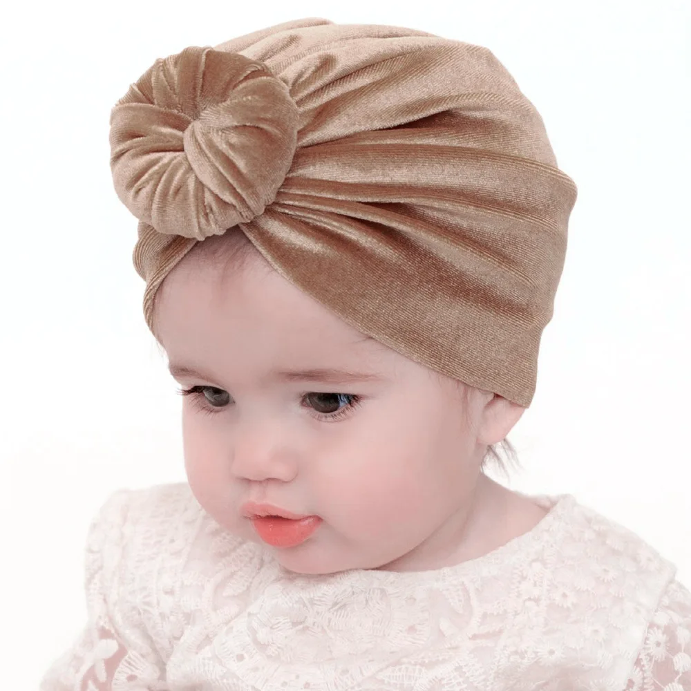 New Baby Girls Knot Turban Hat with Round Ball Center Kids Velvet