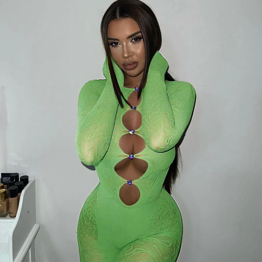 Diamond Sheer Mesh Jumpsuit Solid Hollow Out Skinny Long Sleeve Rompers 2023 Summer Sexy See Through Night Club Partyone Piece