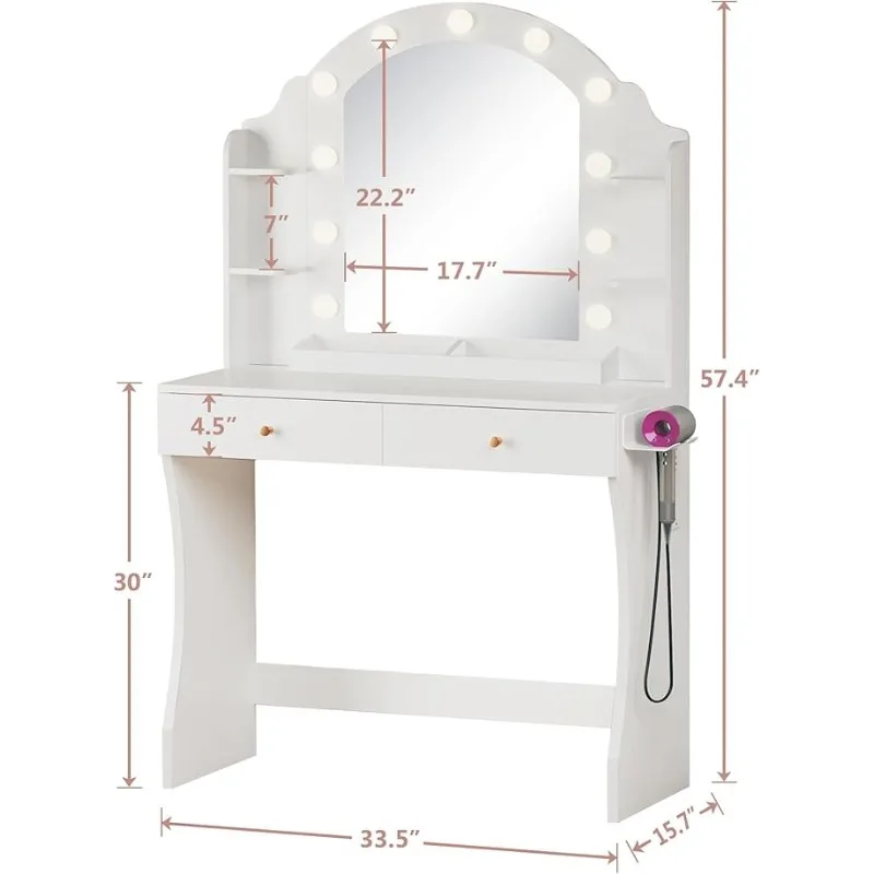 Makeup Vanity Desk with Mirror and Lights, Small Vanity with Fabric Storage Drawer & Chair & Shelves, Bedroom 3