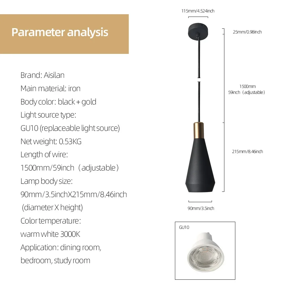 Aisilan LED Luxury Pendant Lamp Modern Kitchen Bedroom Table Dining Room Hanging Light Home Chandelier Black Metal Lampshade
