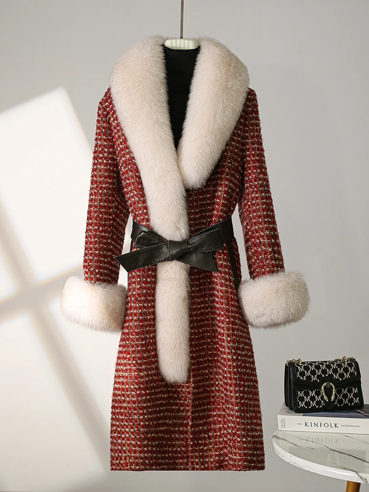 

2023 Hair Collar Coarse Tweed Wool Coat for Women's Mid length White Goose Down Inner Tank Plaid Down Coat