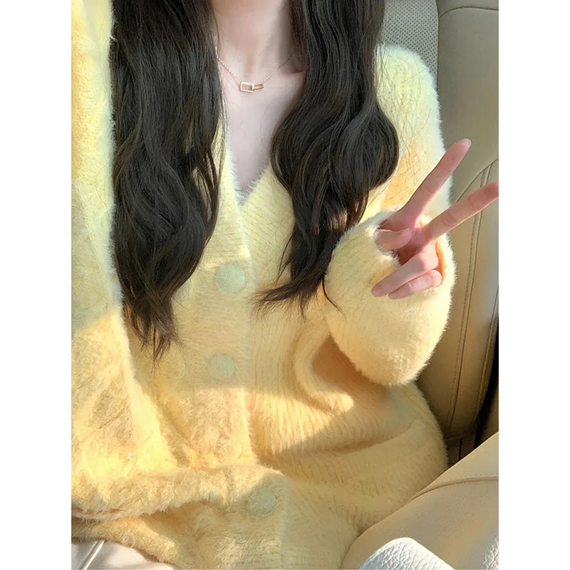 GIDYQ 여성용 가디건 스웨터, 한국 스위트 옐로우 V넥, 부드러운 니트 점퍼, 단색 프레피 스타일, 싱글 브레스트 긴팔 상의