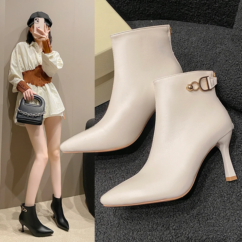 2024 Autumn Stiletto Thin High Heels Woman Pointed Toe Pu Leather Zipper Sexy Ankle Boots_voghion.com