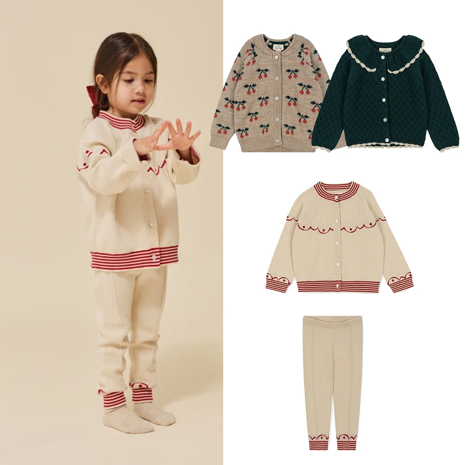 

New Ks Baby Boy Girl Knit Sweaters For Kids Cherry embroider Sweater Children Cute Clothes Set Kids Cotton Tops And Pants Suit