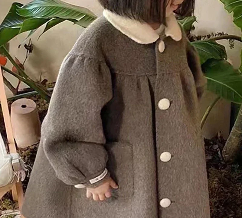 Wool Girl Woolen Fabric Loose Coat Winter Korean Turn Down Collar Middle Length Overcoat Fashion Pleated girls winter coat