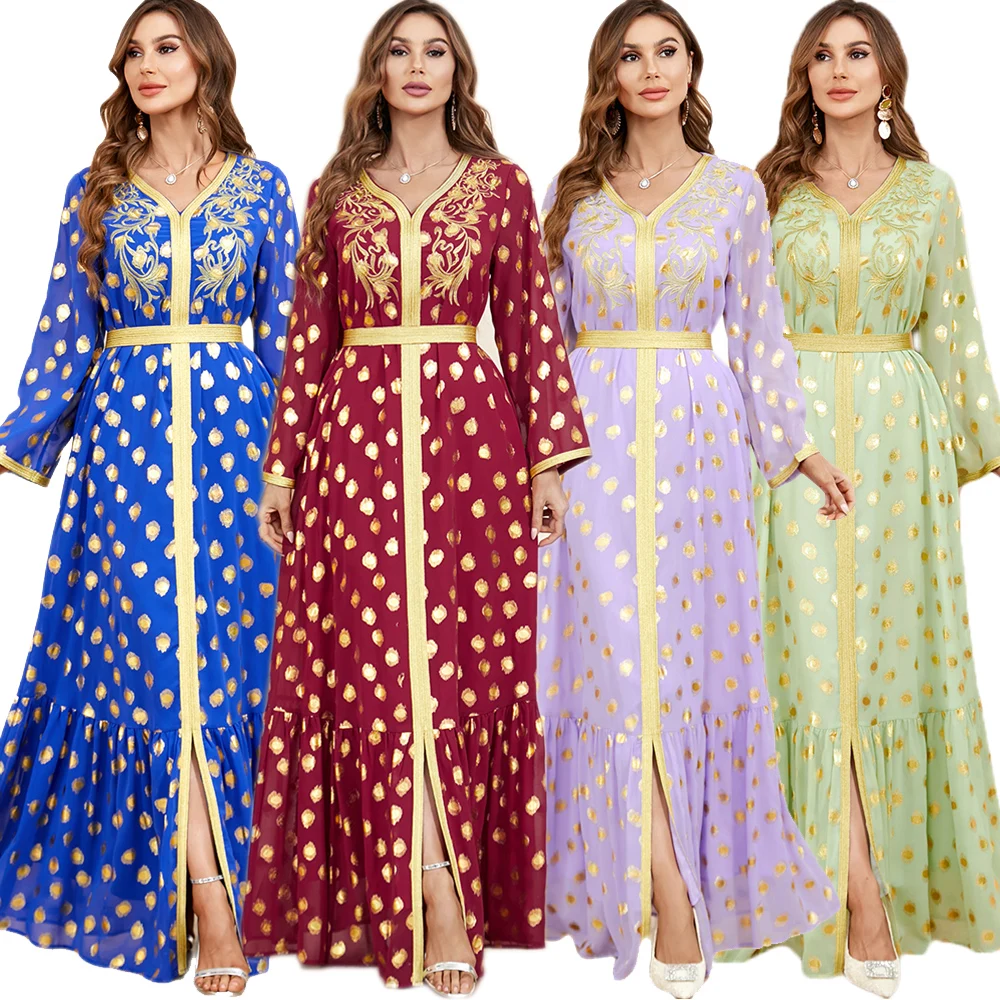 

Party Dresses Abaya For Women Dubai 2024 Print Long Sleeve V-Neck Embroidery Tape Trim Belted Kaftan Split Hem Clothes For Women