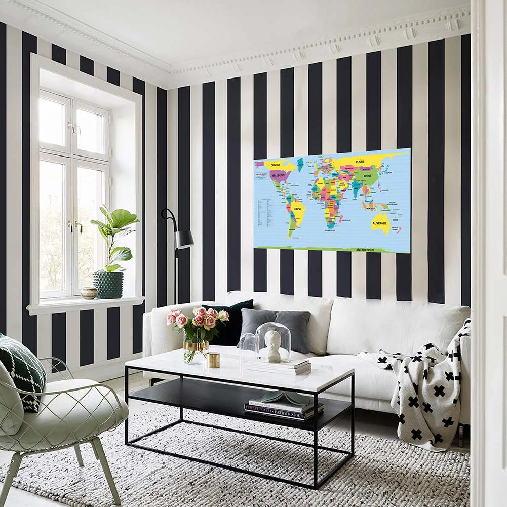 The World Map 225*150cm in French Poster Non-woven Canvas Painting Wall Decorative Hanging Picture Home School Supplies