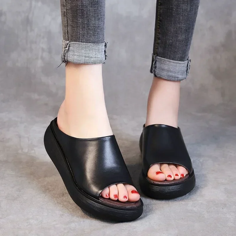 Ladies Leather Slippers pu Sole Sandals for Women Sexy High Heel Mules Clogs Black Peep Toe Platform Mules Wedges Sandals Shoes