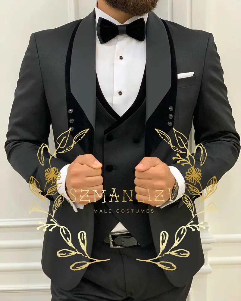 Men Suit 3 Piece Tuxedo Shawl Lapel Groomsmen Wedding Suits Set Fashion Men Business Blazer Jacket Pants Vest mens suit
