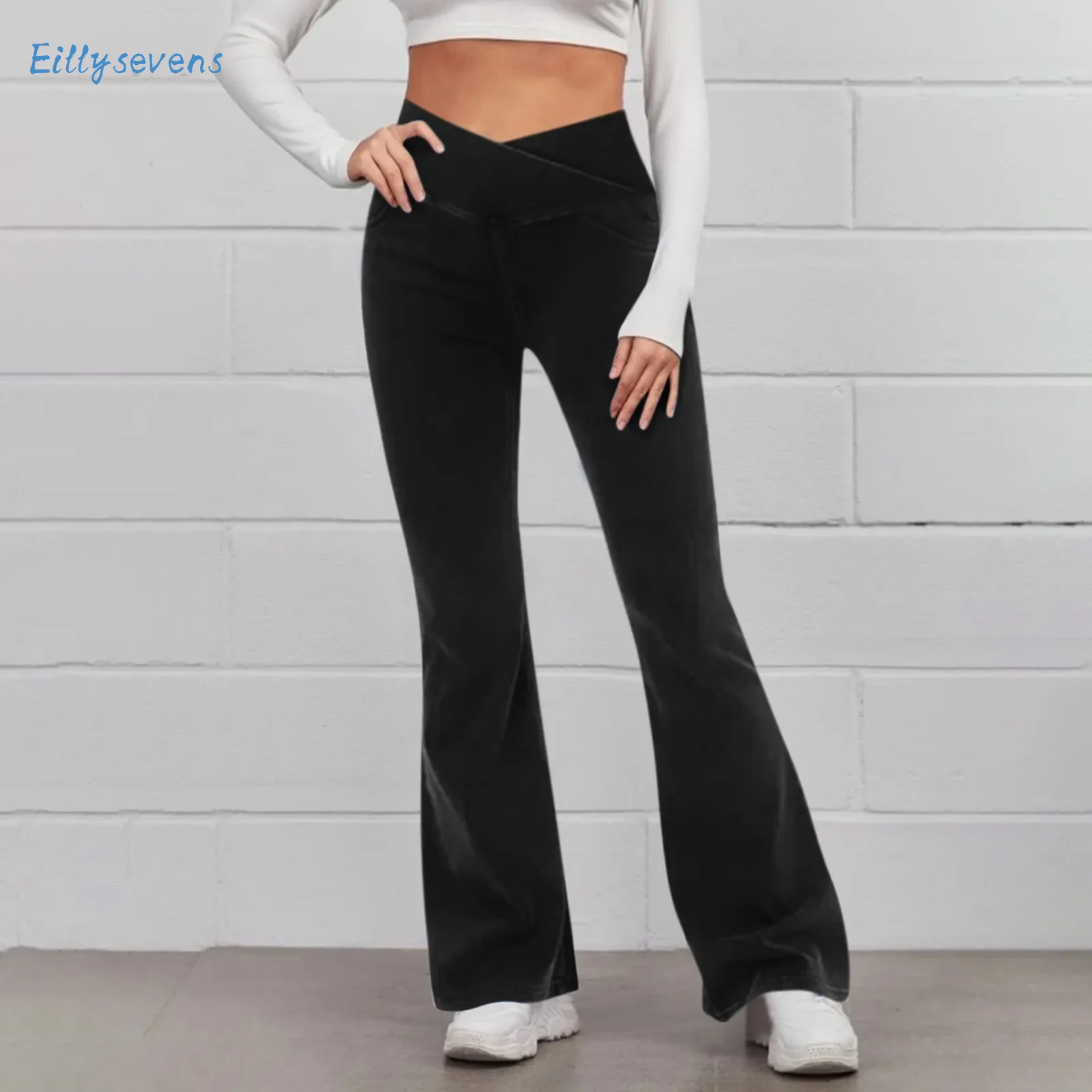 

Women'S Casual Pants Solid Color Yoga Trousers Fashion Cross High Waisted Breathable Washed Stretchy Slim Fit Flare Pants