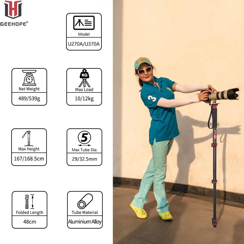 Geehope-professional Video Câmera Stand Alumínio Liga Monopé Seção Leg Fit para Canon Nikon Gopro Dslr Camcorder U270a U370a - Image 5
