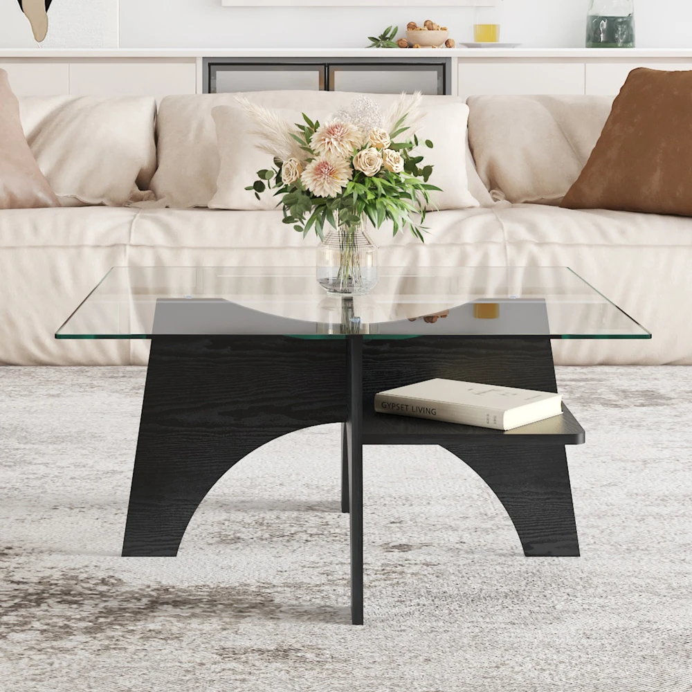 Moderner quadratischer Beistelltisch/Couchtisch aus Sicherheitsglas – 80 cm. Tischbeine aus MDF in Walnussholzoptik. Ideal für das Wohnzimmer – Detail 17