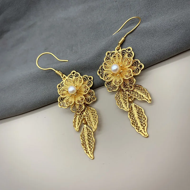 Chinese Style Vintage 999 Full Silver Freshwater Pearl Gold Plated Filigree Inlaid Earrings for Women Party Hanfu Cheongsam Gift