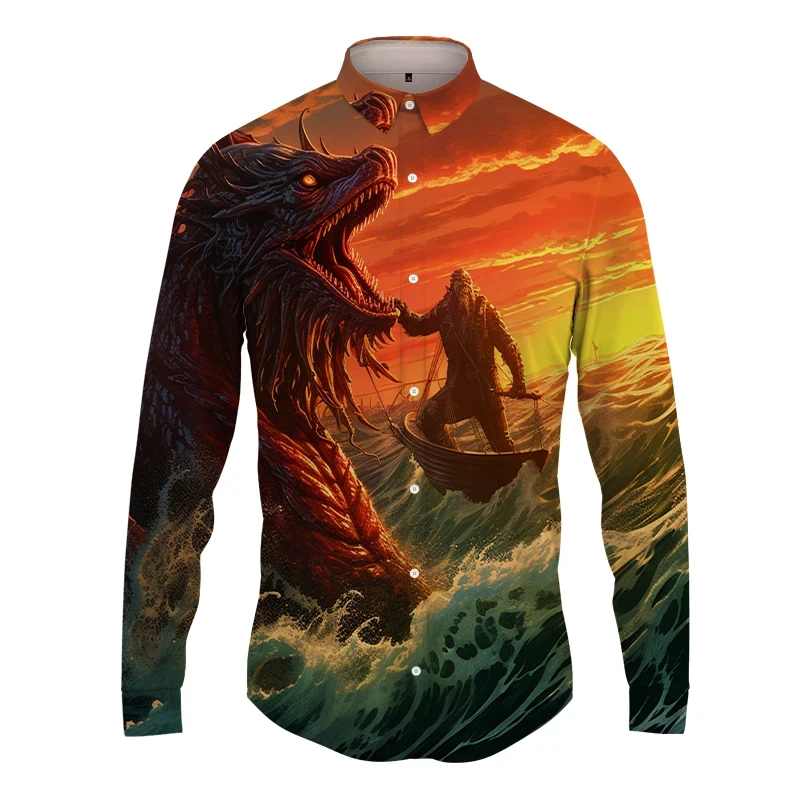

Men's Fashion Casual Long -sleeved Shirt 3D Sea Surface Water Map Button Shirt New Spring And Autumn Hip -hop Men's Top Clothing