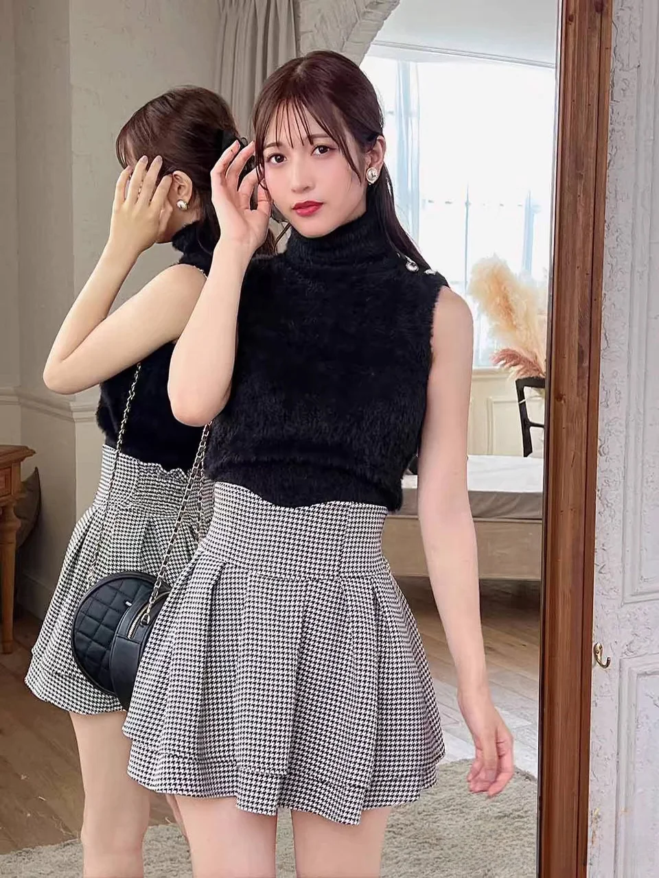 High Waist Plaid  Skirt Pants Sweet Japanese Sle Autumn Winter College Campus Look Polyester Fiber Gathered A-Line Skirt