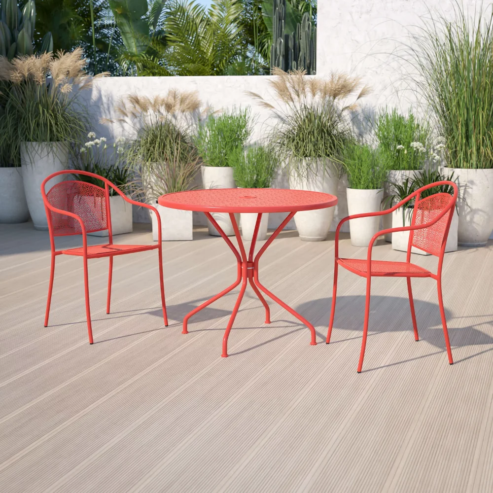 

BOUSSAC Commercial Grade 35.25" Round Coral Indoor-Outdoor Steel Patio Table with Umbrella Hole,Garden Furniture Sets