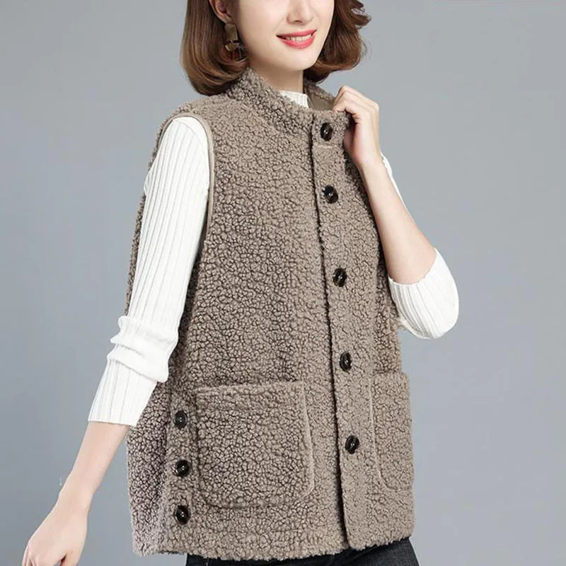 

2023 Winter Women Lamb Hair Vest Coat Vintage Fashion Simplicity Elegant Warm Jacket Female Loose Thicken Sleeveless Short Coat