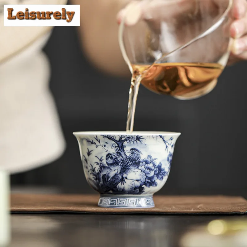 90ml Antique Blue And White Tea Cup Ink Flower And Bird Meditation Master Cup Tasting Guest Cup Personal Tea Bowl Kung Fu Teaset