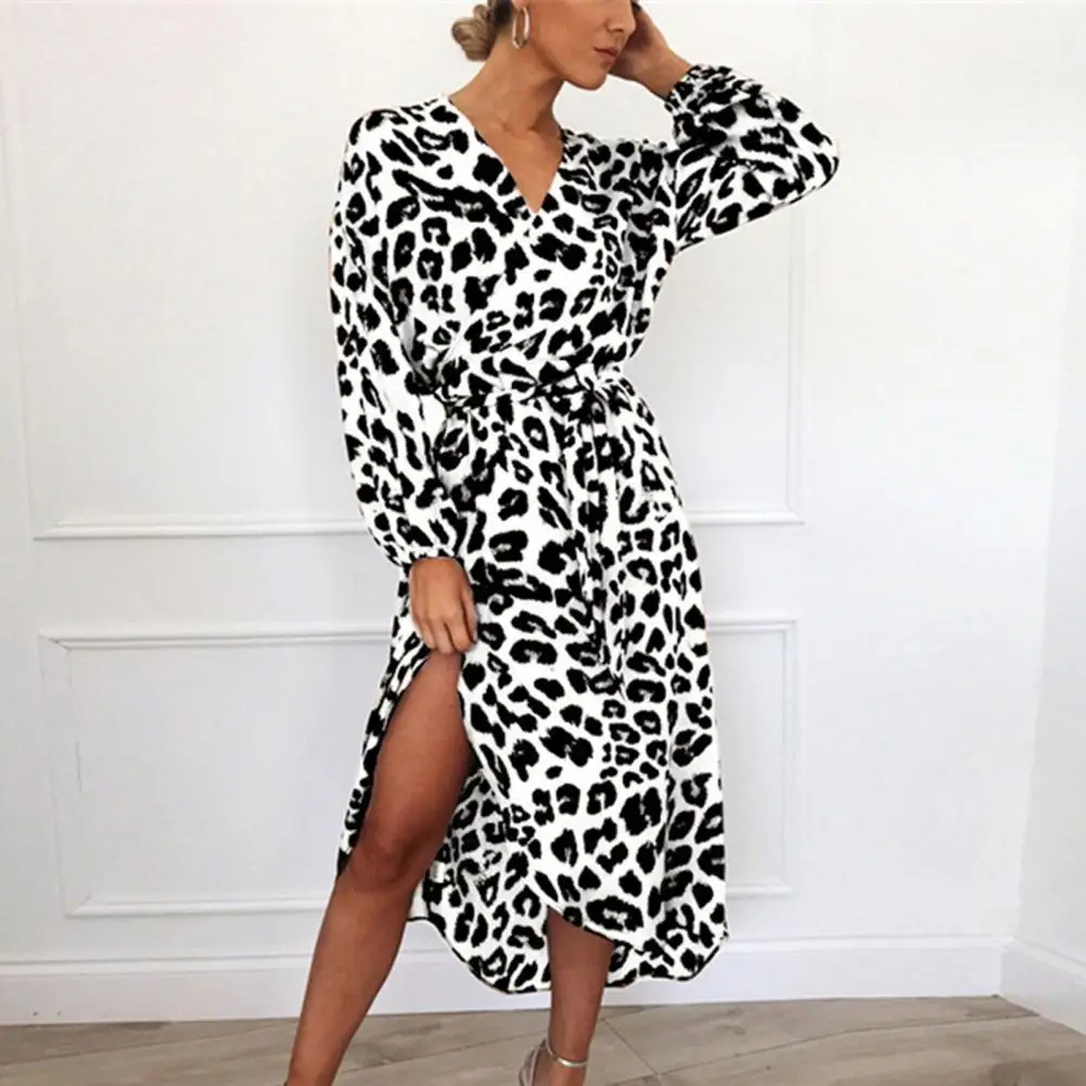 

Women Leopard Print Dress V Neck Long Sleeve Dress Leopard Print V Neck Midi Dress with Lace-up Detail Tight Waist for Women