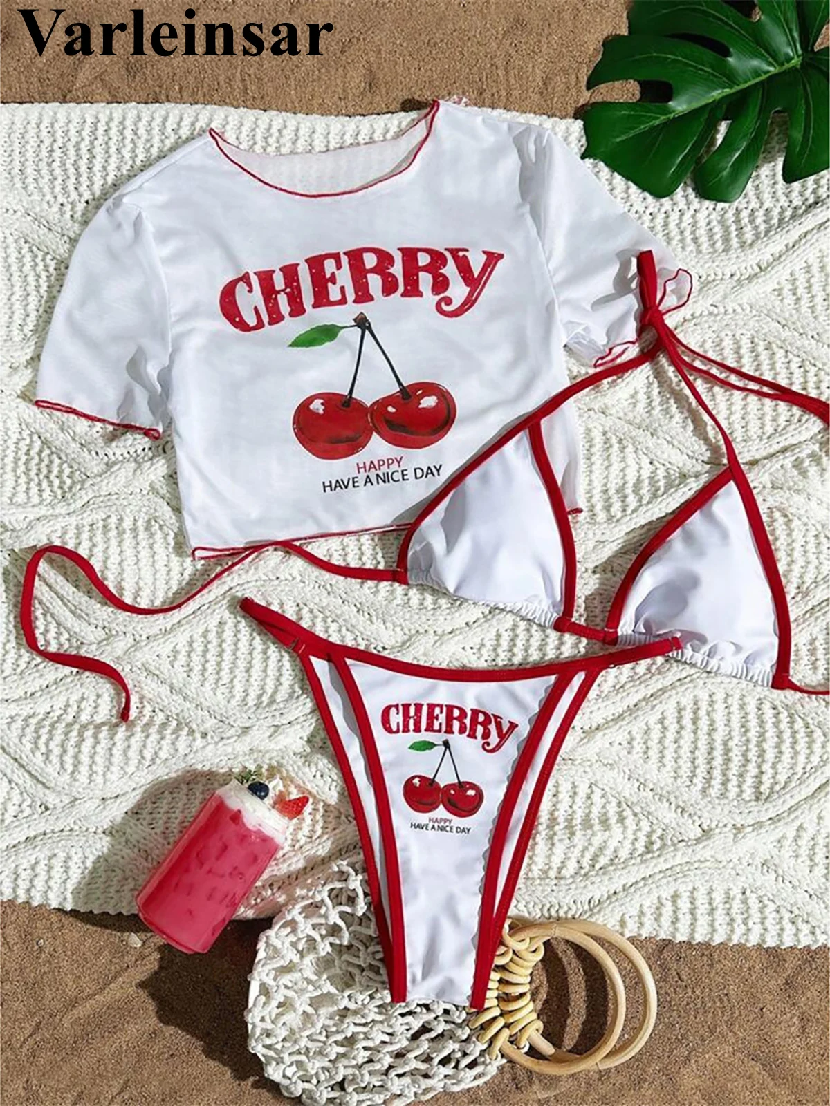 XS - L Cherry Printed Short Sleeve Bikini Female Swimsuit Women Swimwear Three-pieces Bikini set Bather Bathing Suit Swim V6854 1