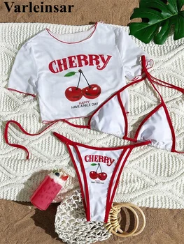 XS - L Cherry Printed Short Sleeve Bikini Female Swimsuit Women Swimwear Three-pieces Bikini set Bather Bathing Suit Swim V6854 1