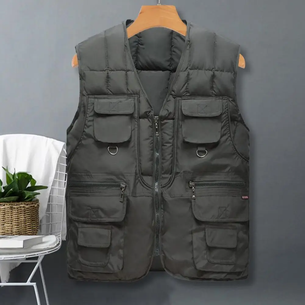 Description Picture 6 of itemMen Vest Solid Color With Multiple Pockets Zipper Closure Sleeveless Vest Jacket Autumn Winter Waistcoat Men Fashion Clothing