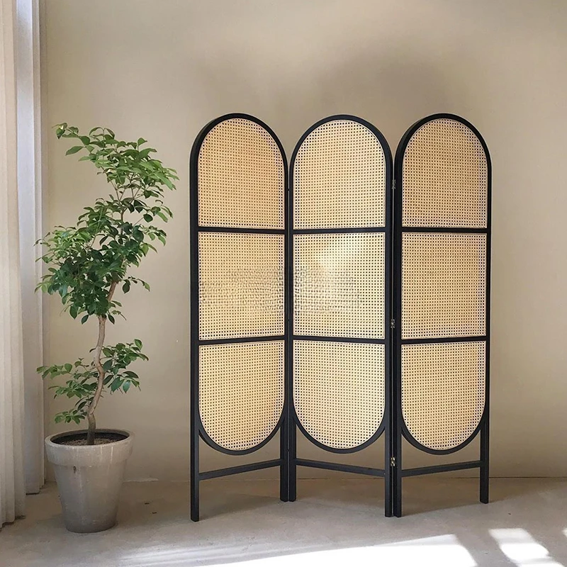 

Solid wood rattan woven screen partition, hotel entrance wall blocking, ins wind movable folding screen partition