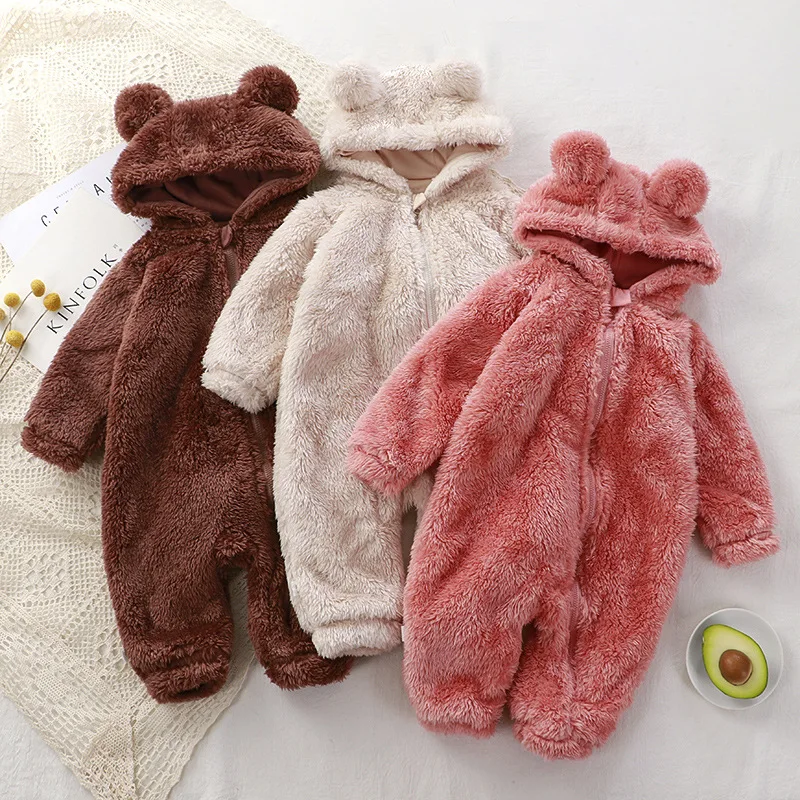 

0-24M Winter Warm Hoodied Baby Rompers for Boys Girls Bear Ear Hood Fleece Onesies Infant Jumpsuits Pyjamas Sleepwear Toddler
