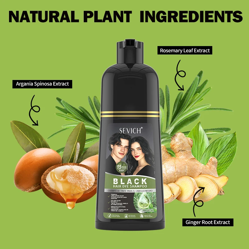Shampoo colorante per capelli neri al rosmarino 500ml Shampoo colorante istantaneo per capelli a base di erbe fai da te da grigio a nero per donne e uomini - immagine 5