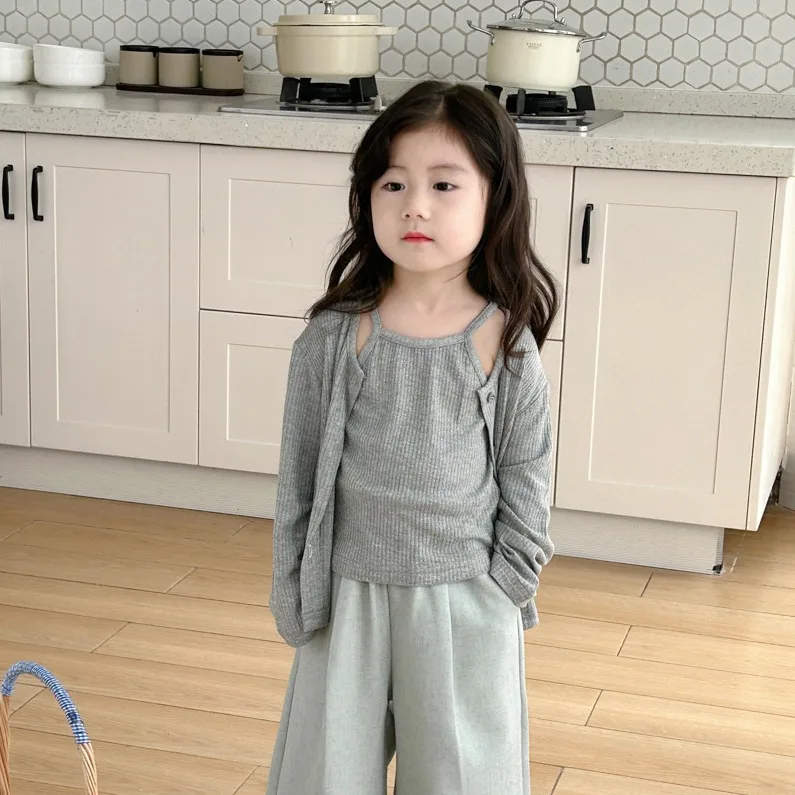 

Girl's Knit Cardigan With Camisole Two-Piece For Spring/Summer 2024, Versatile And Slim Fitting Short Set