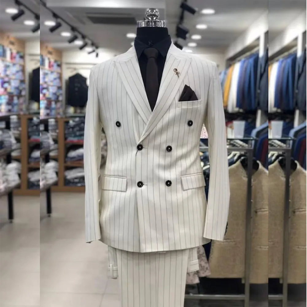 

White Stripe Men's Suits Terno Double Breasted Peaked Lapel Gentlemen Blazer Luxury 2 Piece Jacket Pants Casual Party Office Set