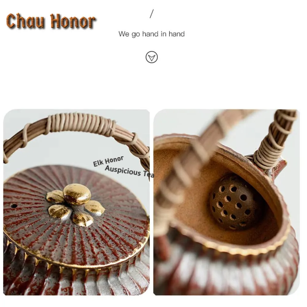 460ml Old Rock Mud Rust Red Teapot Handmade Vine Weaving Pot Chrysanthemum Petal Teapot Zen Tea Soaking Kettle Tea Services Gift