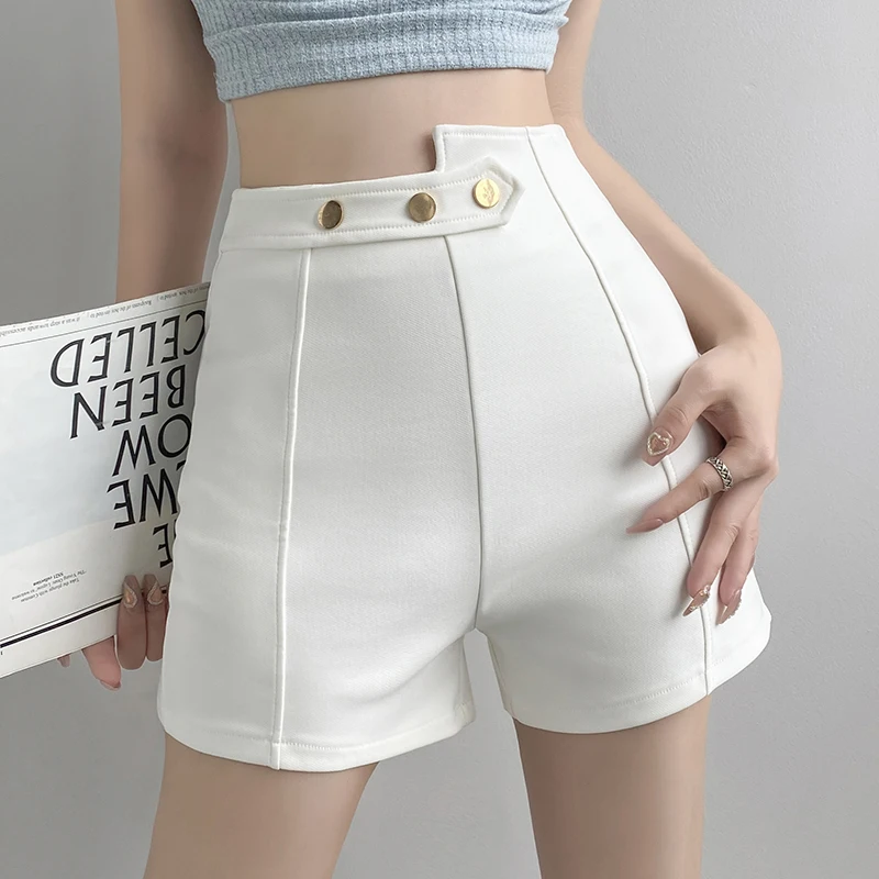 QOERLIN Asymmetrical High Waist White Shorts Women 2024 New Summer Elegant Casual Slim-Fit Shorts Back Zipper Fly Pants Korean