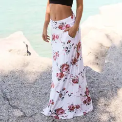 Saia boho mulher verão praia flor imprimir cintura baixa maxi longo com bolsos