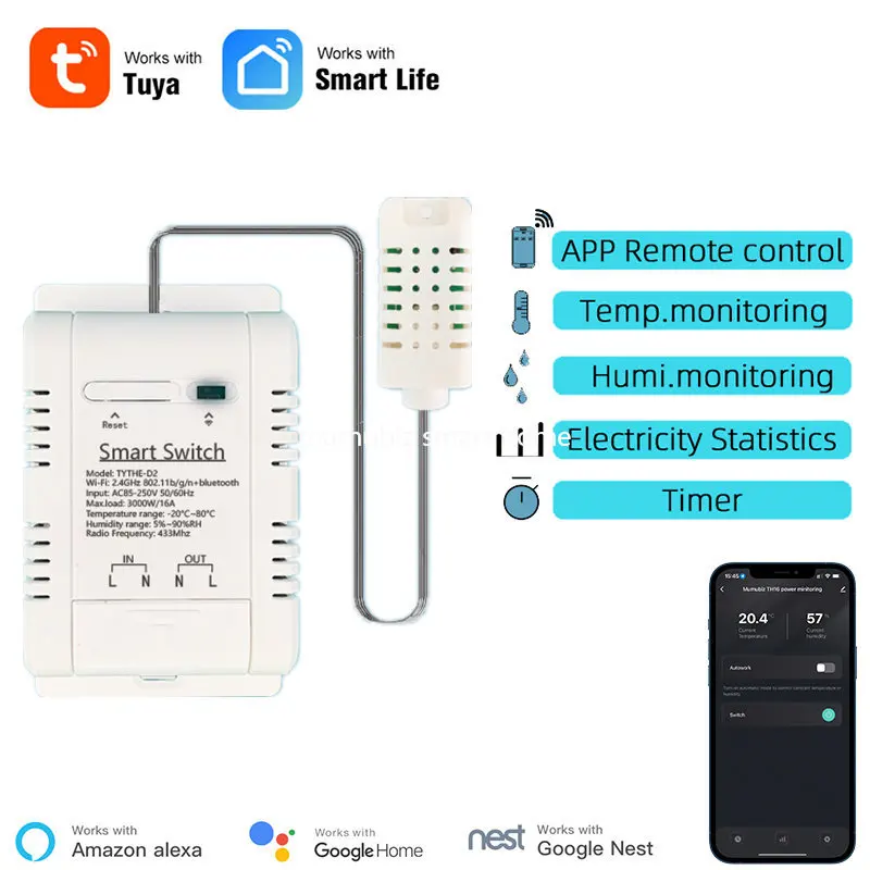 Termostato sem Fio Tuya Smart Monitoramento de Temperatura e Umidade Th16 3000w 16a Wifi Monitoramento do Consumo de Energia