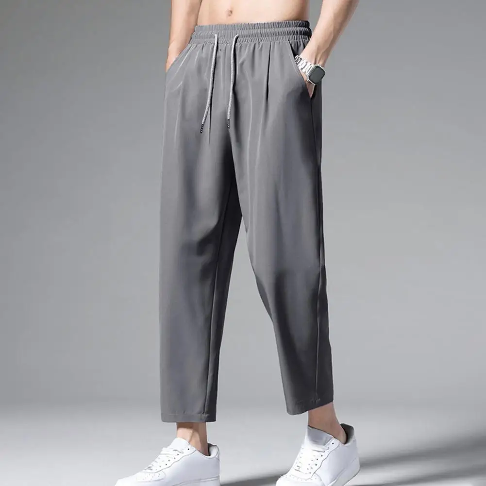 Men's Casual Ankle-Length Pants Solid Color Straight Wide-Leg Trousers Elastic Waist Ice Silk Breathable Quick-Dry Baggy Cargo S