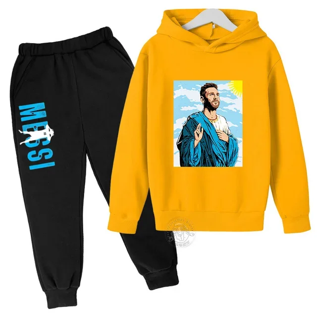 thumbnail image 1 of Conjunto de sudadera con capucha y pantalones deportivos para niños de otoño e invierno, conjunto deportivo de dos piezas para niños y niñas, ropa para bebés con estampado de Messi, 1 of 5